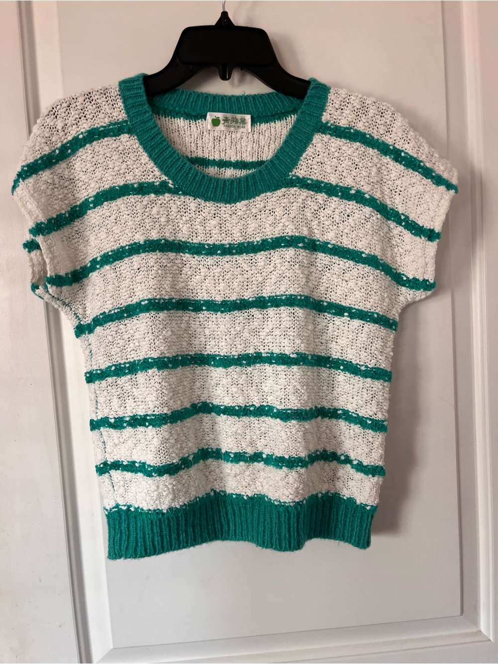 Women’s Short-Sleeve Striped Sweater Top in White and Teal - Brand Unknown